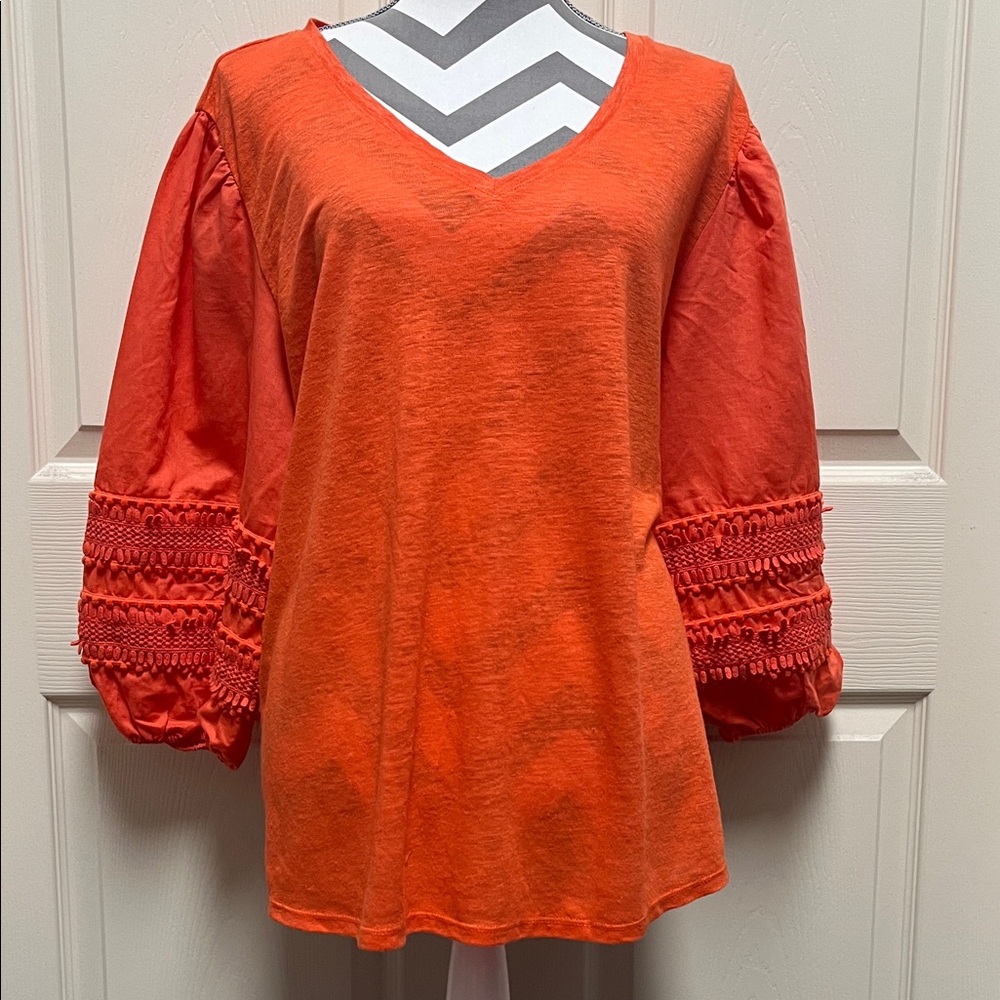 Chico's Orange V-Neck Blouse with Textured Sleeves